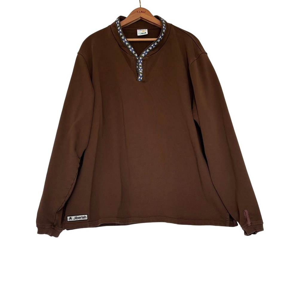 Jiberish Brown Cotton Split Neck Pullover Sweatshirt XXL Geometric Trim Unisex
